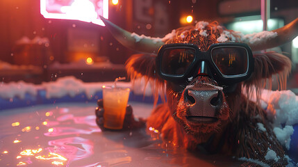 Wall Mural -   Bull in goggles lounges in hot tub with orange juice and neon sign