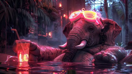 Wall Mural -   An elephant wearing goggles in a water pool with a drink in its trunk