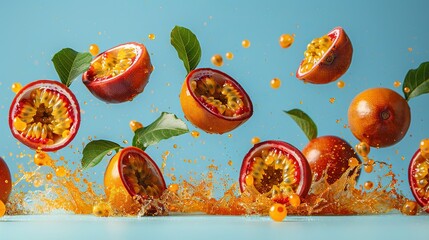 Wall Mural -   Group of oranges flying in the air with orange juice dripping from them