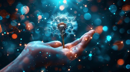 A composite image of a dandelion in a hand with each seed representing a different aspect of the cryptocurrency market speculation innovation growth and risk.