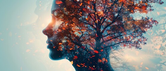 Wall Mural - conceptual artwork with dual realities, human and nature fusion, focus on, vivid tones, Double exposure silhouette with tree branches