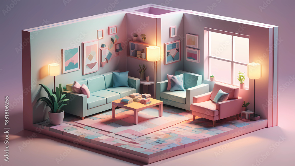 cube cutout of an isometric living room, 3d art, pastel colors, soft ...