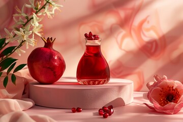 Wall Mural - a beautiful presentation of pomegranate juice on the podium with a piece of pomegranate