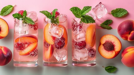Wall Mural -   Three glasses filled with ice and topped with fruit sit next to sliced peaches, raspberries, and mint on a table