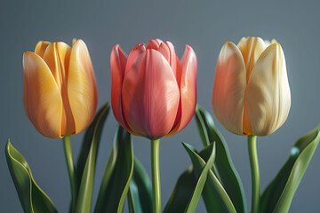 Wall Mural - A vase containing three tulips with different colors - red, yellow, and purple