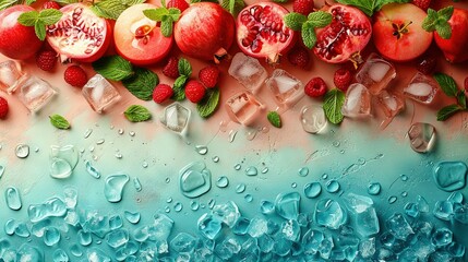 Wall Mural -   A painting depicts fruit and ice against a blue-green backdrop, featuring droplets of water at the base