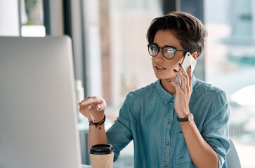 Canvas Print - Woman, office and phone call with computer in company for reference of product for customer. Communication, web design and consult with entrepreneur or client with conversation for confirmation