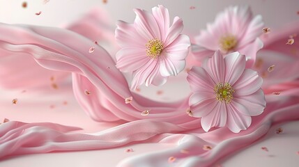 Wall Mural -   Pink flower close-up on white surface surrounded by pink and gold confetti