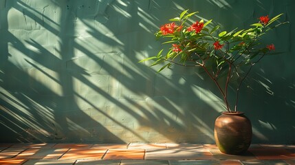 Wall Mural -   A vase brimming with red blossoms perched atop a tiled pedestal adjoining a wall casting a shadow