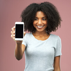 Wall Mural - smartphone, screen and woman with smile in studio for marketing, notification and information. happy