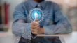 © FAMILY STOCK - Access security personal financial data on scan fingerprint identification, biometric authentication cybersecurity, technology cybernetics into Big data businesses, A man login laptop computer