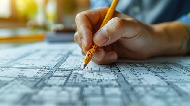 Close-up of hand drawing on architectural blueprint with pencil, representing design, planning, and construction concepts.