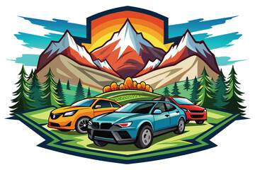 Wall Mural - Mountain and car adventure vector graphic print design for clothing, stickers, posters, backgrounds and etc. Outdoor t-shirt artwork design.