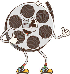 Aufkleber - Groovy retro cartoon movie film funky character with happy face, vector 70s hippie comic. Groovy funny cinema film reel smiling or winking with eye and thumb up gesture, retro cartoon character
