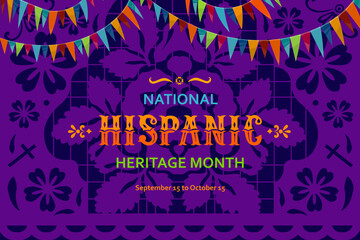 Wall Mural - Papel picado banner and holiday flags for national Hispanic heritage month festival, vector background. Hispanic heritage and Latin American culture, tradition and art of paper cut flags ornament