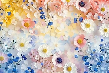  A soft pastel watercolor seamless pattern of delicate spring flowers like daisies, roses and peonies in full bloom with petals in various colors including light pink, yellow, blue and white on an iso