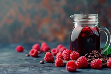 Wall Mural - raspberry juice with a raspberry on the podium is a beautiful background