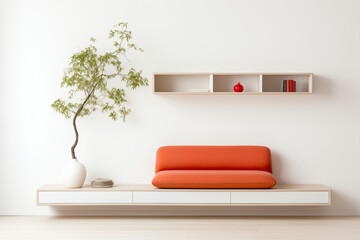Wall Mural - A modern living room with a minimalist design There is a sofa a shelf and a plant in the room