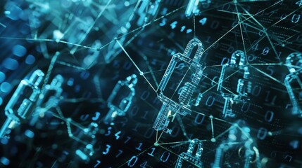 A background of binary code overlaid with a web of interconnected keys and locks symbolizing the digital encryption used in blockchain.