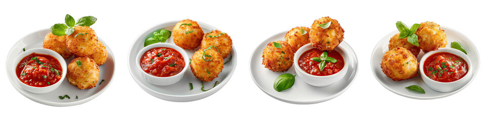Wall Mural - Chicken Croquettes On A Plate With A Bowl Of Tomato Sauce isolated on transparent png background collection set . Generative ai
