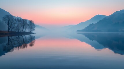 A tranquil lake at dawn, the water reflecting the soft pink and orange hues of the sky
