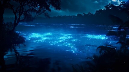 Wall Mural - a night scene of a bioluminescent bay, where the water glows with a magical blue light due to the pr