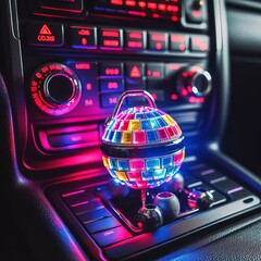 A mini disco ball inside the car, with colorful lights for a dan