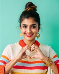 Wall Mural - young indian woman in traditional clothes with heart shape gesture on blue background