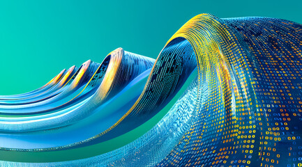 Wall Mural - Selective focus swirl glowing particles light beams.flowing of algorithm binary computer code.abstract background of vibrant light luminous line with data information transfering or cloud technology.