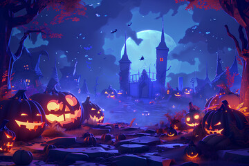 Wall Mural - halloween festival illustration and background, Halloween night with trees, bats, houses, and pumpkins, vector, 3d rendering