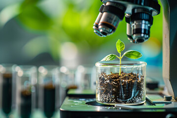 Wall Mural - plant seedling in research lab with microscope. concept for biotechnology and genetic modification