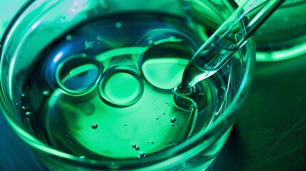 Canvas Print - Close-up of bubbling beaker in pharmaceutical lab, vivid green liquid, moody lighting