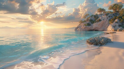 Wall Mural - A calming view of a secluded beach at sunset, with soft, golden light reflecting off the tranquil waters, evoking a sense of serenity and peace.