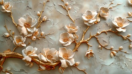 Wall Mural - Volumetric Japanese patterns with gold elements and flowers.
