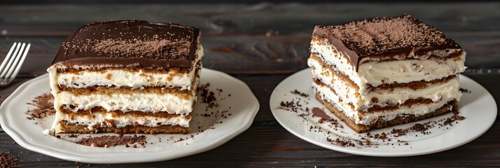 Wall Mural - Cakes with whipped cream and cocoa on plates.