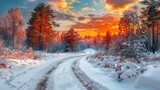 Fototapeta  - A winter road winds through a snowy forest under a vibrant sunset, with colorful clouds filling the sky, creating a picturesque scene.