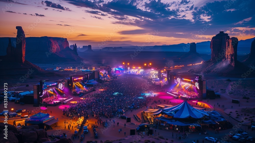 Desert music fest with stages amid towering rocks, vibrant lights, and ...