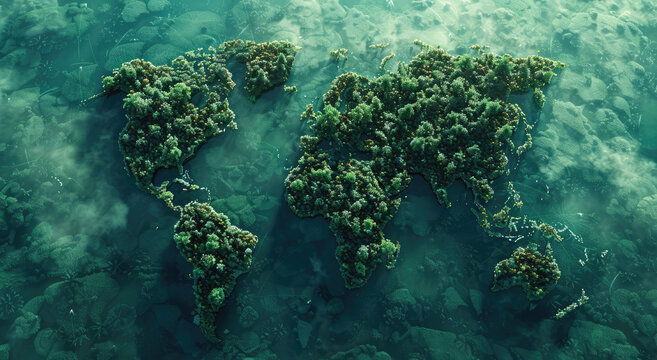 World map made of a lush green forest, in an aerial view. A concept for global environmental protection and sustainability.