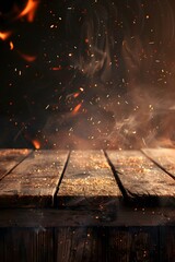 wooden table with fire burning, light smoke and golden sparks floating in the air
