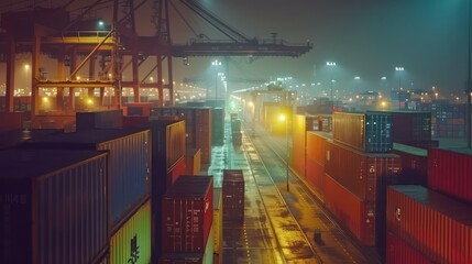 Wall Mural - An atmospheric image of a colorful industrial port at night, with containers illuminated by the glow of the surrounding lights. 