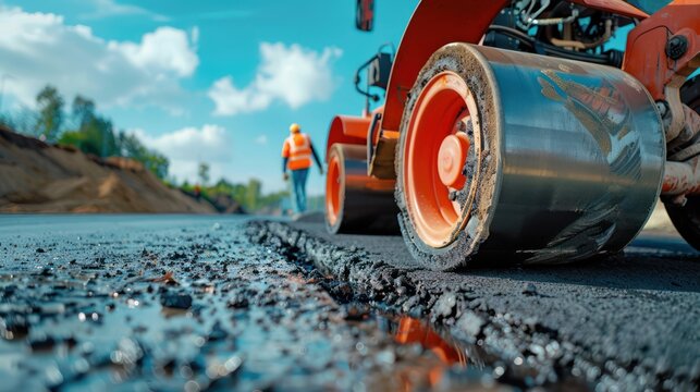 Showcase the craftsmanship of construction workers with an image capturing road rollers operated by skilled professionals, ensuring the quality and integrity of the newly built asphalt road.