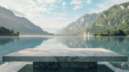 Wall Mural - Capture the elegance and sophistication of your cosmetic products with a photo featuring a stone pedestal display positioned on the tranquil surface of a lake.