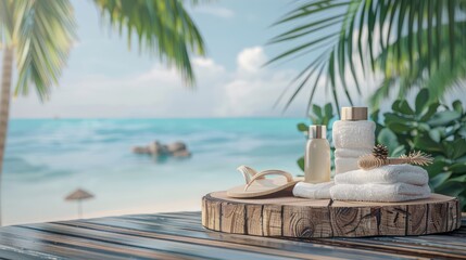 Wall Mural - Emphasize the simplicity of summer pleasures with a stock photo featuring a wooden podium displaying classic beach items like towels, sandals, and sunscreen.