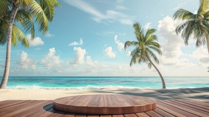 Wall Mural - Emphasize the natural beauty of beach environments with a photo featuring a wooden podium displaying summer products against the backdrop of palm trees, sandy shores.