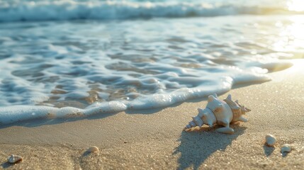 Wall Mural - Highlight the simplicity and tranquility of beach scenes with an image showcasing an empty sand beach adorned with shells, set against the shimmering waters of a summer sea.