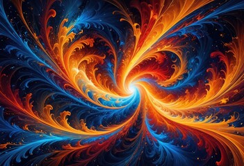 abstract image with swirling patterns of fiery orange, red, and yellow colors intertwined with cool blue and indigo, resembling cosmic energy flows.