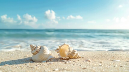Wall Mural - Capture the tranquility of beachside serenity with a photo featuring an empty sand beach adorned with shells, set against the backdrop of a summer sea, providing ample copy space for various uses.