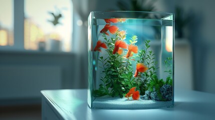 Wall Mural - Serene Domestic Aquarium Scene with Vibrant Goldfish and Lush Greenery