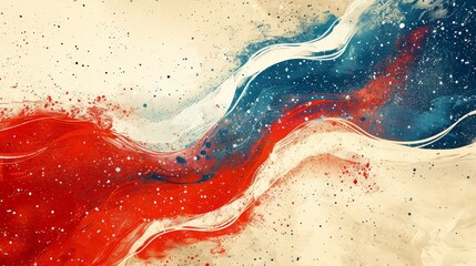 Wall Mural - Abstract red blue and white paint splashes on beige background creating dynamic fluid waves and textured splatter effects