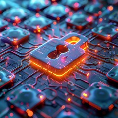 3D illustration of a digital padlock on a glowing circuit board, symbolizing security measures in software development